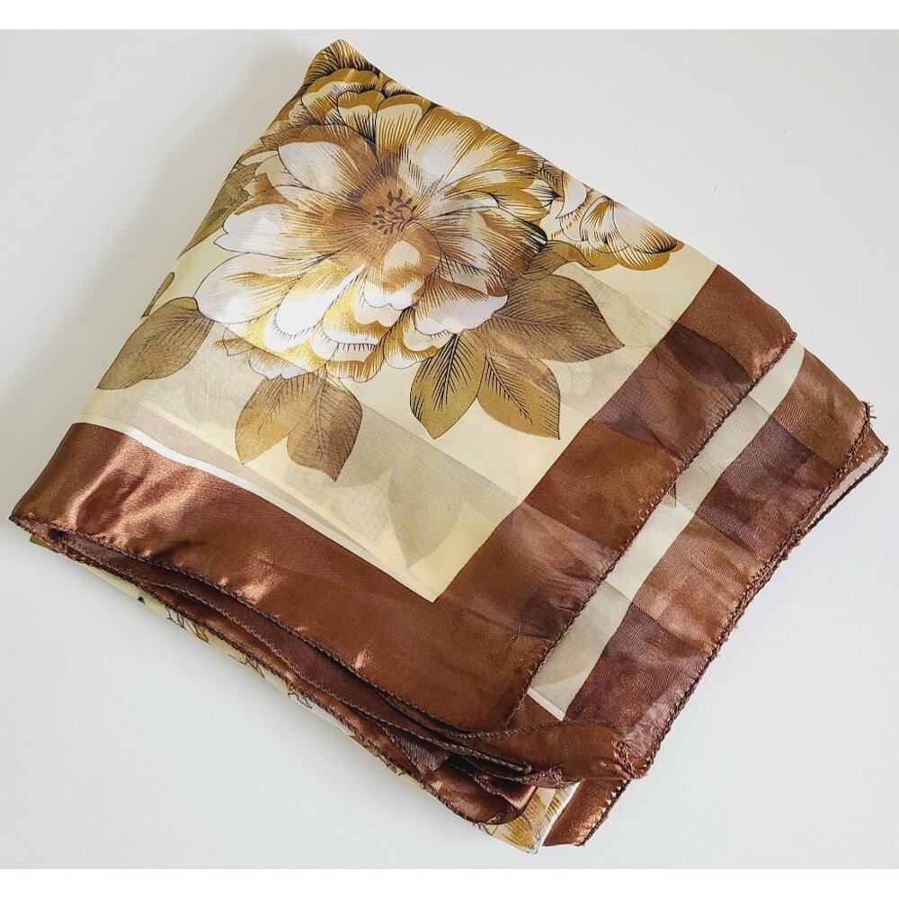 Vtg Floral Peony Satin Scarf Brown Border Lrg Square Lightweight Sheer Material - Picture 3 of 12